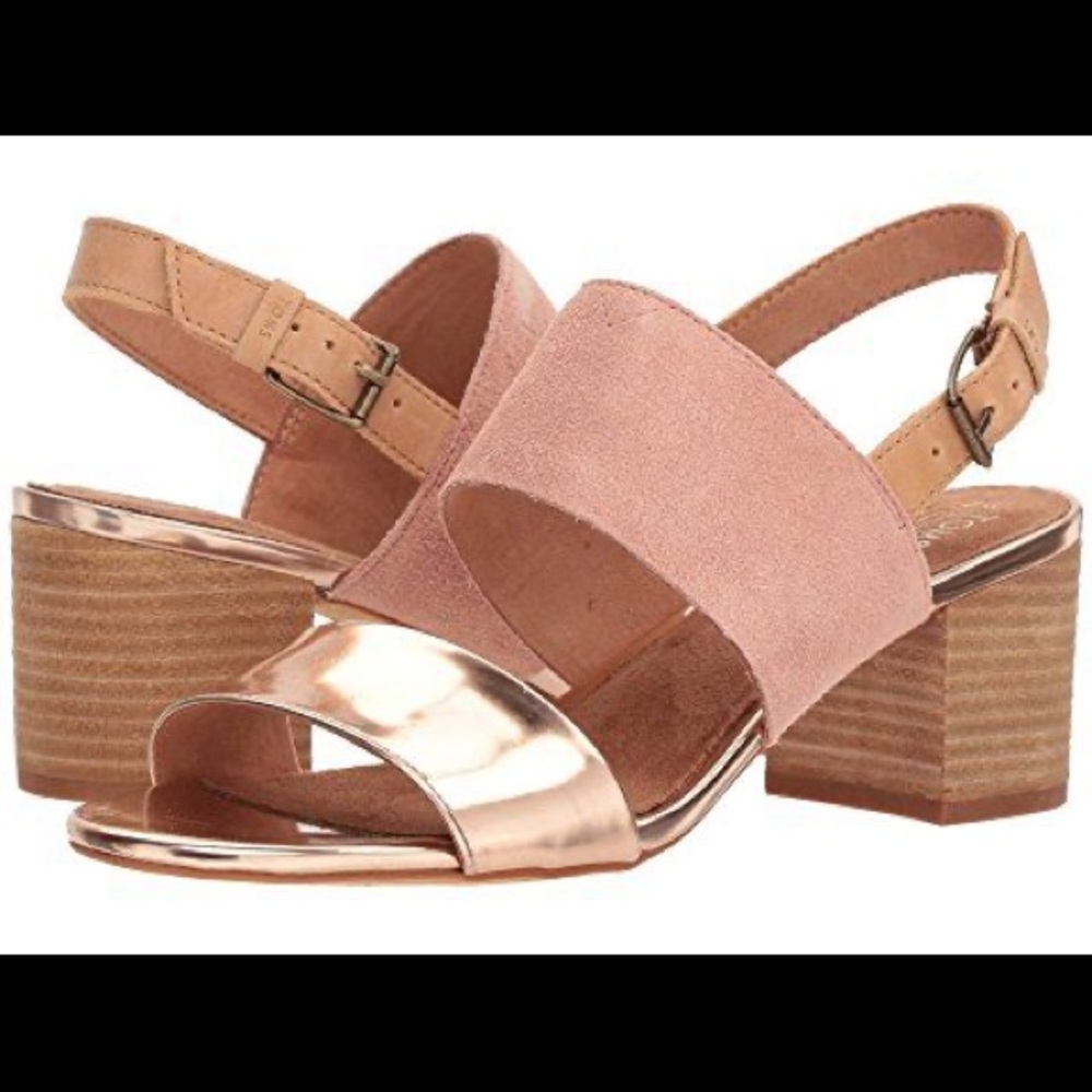 NWOT TOMS Bloom Suede Rose Gold Specchio Poppy Sandals, size 7